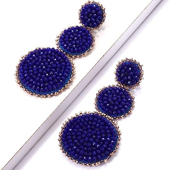 Cobalt Blue Beaded Triple Tier Earrings Bohemian Big Bold Boho Statement New - Picture 2 of 9